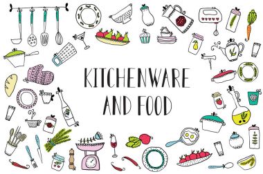 mutfak gereçleri ve gıda kümesi. Mutfak tasarım unsurları.