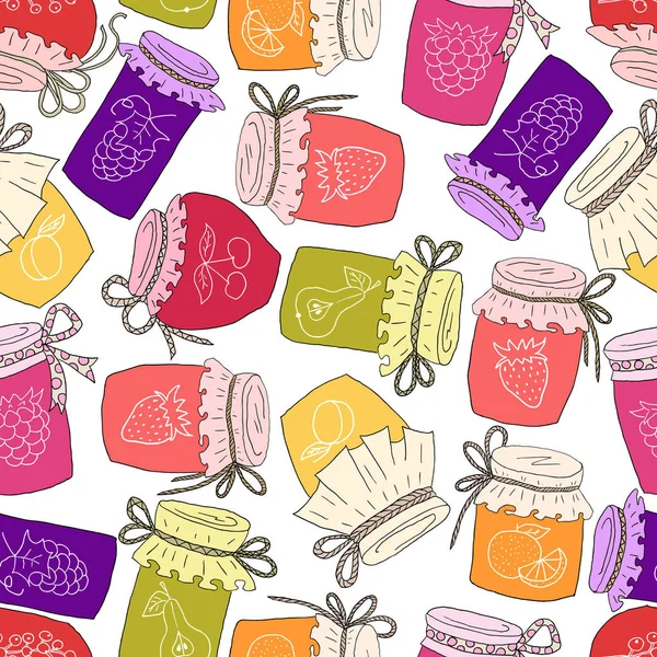 Pattern of hand drawn jars with home-made jams. — Stock Vector