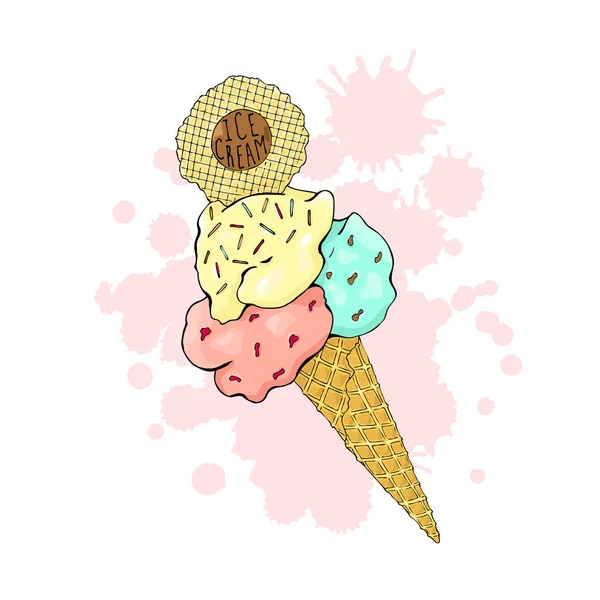 Ice cream in a waffle cone, three colors with sprinkles. — Stock Vector