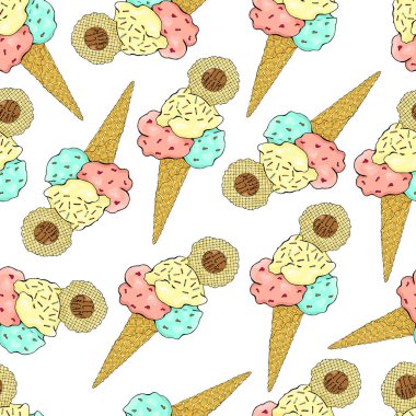 Dondurma waffle koni, sprinkles ile üç renk desen.