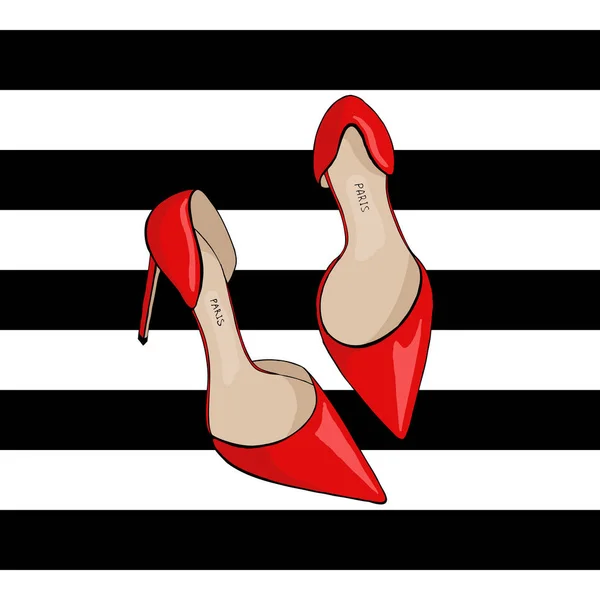 Czerwone buty na czarno-białe paski tle. — Wektor stockowy