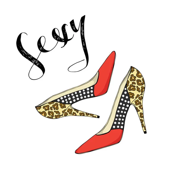 Sapatos femininos com impressão de leopardo e inscrição Sexy . — Vetor de Stock