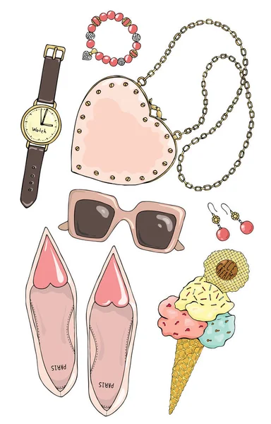 Set di accessori femminili in colore rosa . — Vettoriale Stock