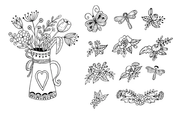 Buquê de flores no vaso. Elementos florais sobre fundo branco . — Vetor de Stock
