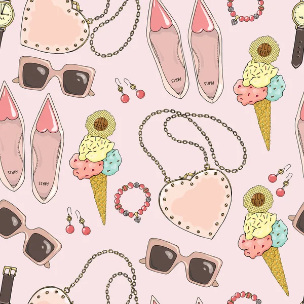 Pattern of women accessories and ice cream on a pink background. — Stock Vector