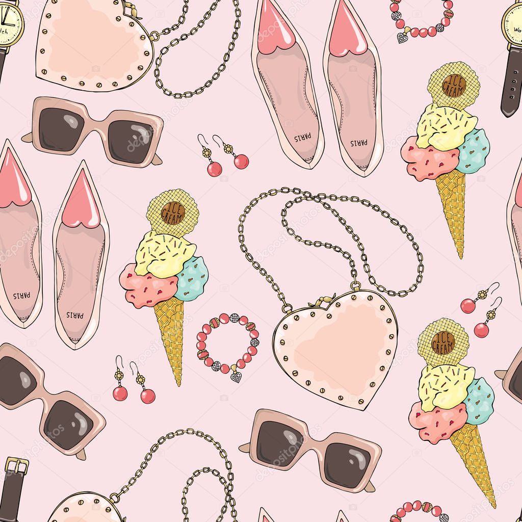 Pattern of women accessories and ice cream on a pink background.