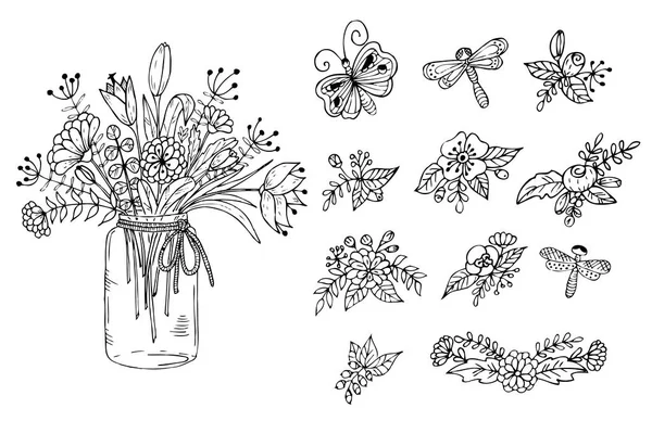 Bouquet de fleurs dans le vase. Éléments floraux sur fond blanc . — Image vectorielle