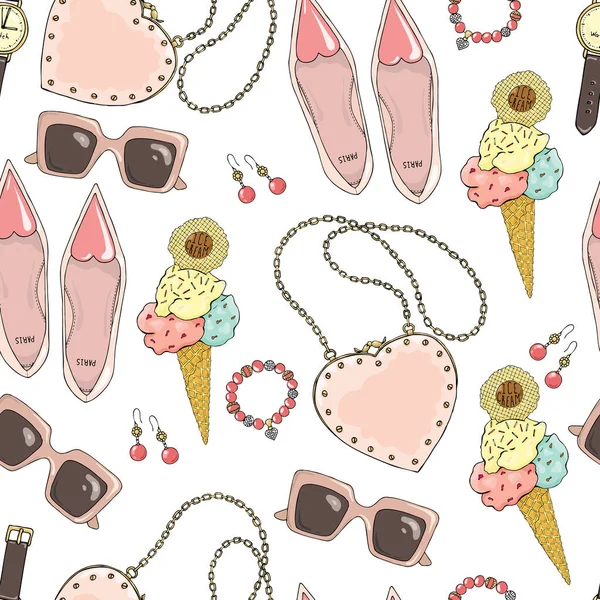 Pattern of women accessories and ice cream on a white background. — Stock Vector
