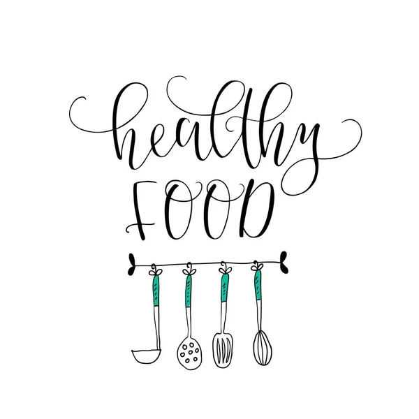 Letras de mão vetorial Alimentos saudáveis. Com a imagem dos utensílios de cozinha. Logotipo para restaurante, mercado de alimentos, loja de fazenda etc . —  Vetores de Stock