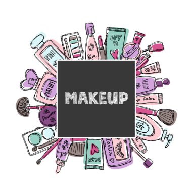 Elle çizilmiş kozmetik küme. Güzellik ve makyaj.