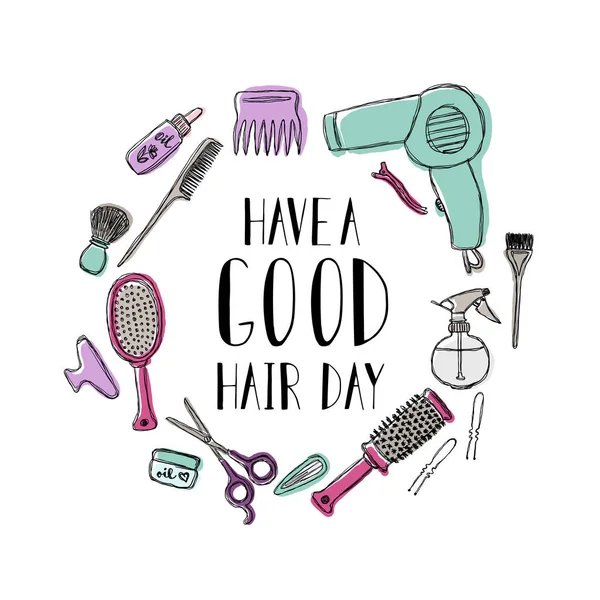 Аксессуары для парикмахера s. Мотивационная цитата Have a good hair day . — стоковый вектор