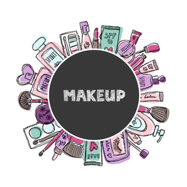 Handgezeichnetes Kosmetikset. Schönheit und Make-up. — Stockvektor