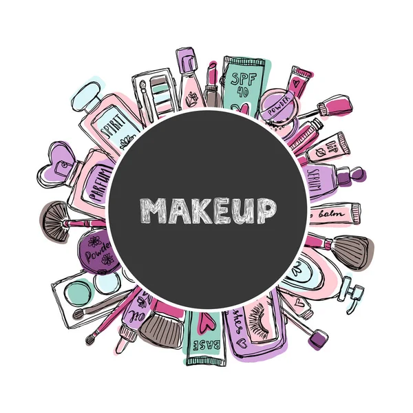 Hand drawn cosmetics set. Beauty and makeup. — Stock Vector