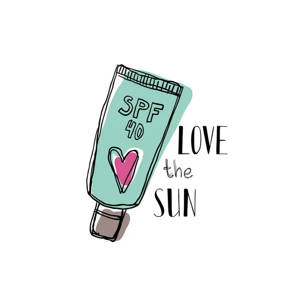 Eine Tube Sonnencreme mit einem motivierenden Zitat Liebe die Sonne. — Stockvektor