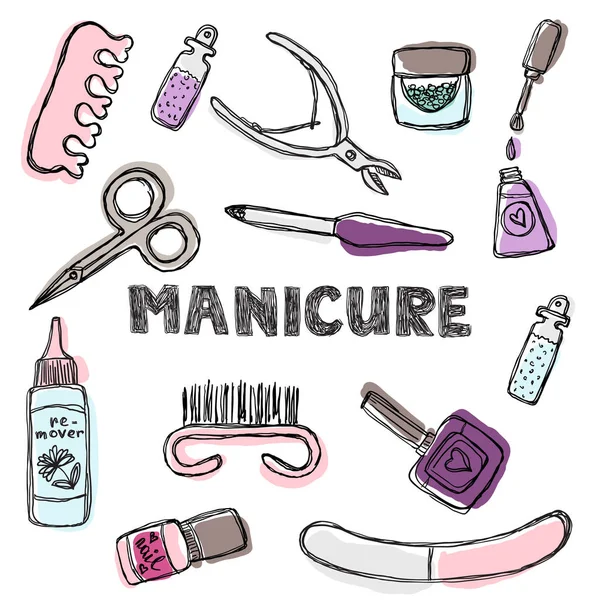 Manicure i pedicure doodle zestaw. Na białym tle na białym tle. — Wektor stockowy