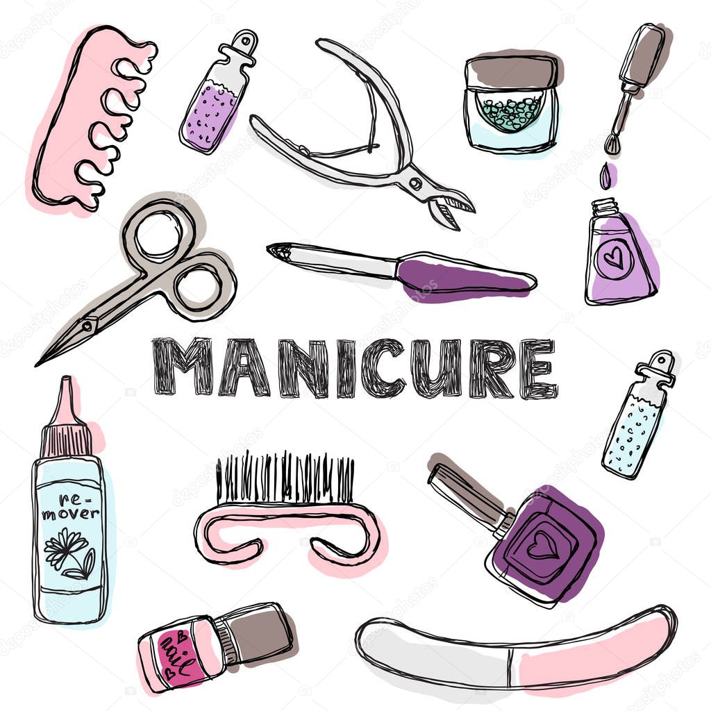 Manicure and pedicure doodle set. Isolated on a white background.