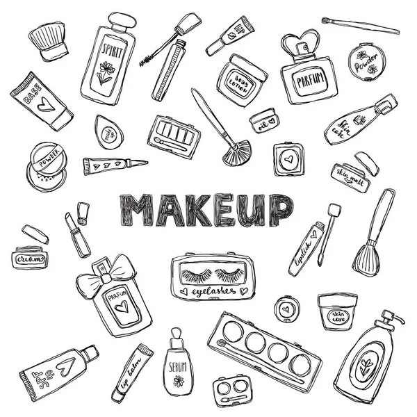 Handritad kosmetika set. Skönhet och makeup. — Stock vektor