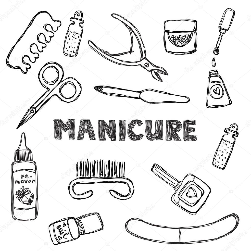Manicure and pedicure doodle set. Isolated on a white background. Grunge line.