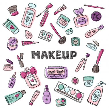 Elle çizilmiş kozmetik küme. Güzellik ve makyaj.