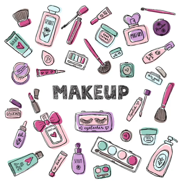 Elle çizilmiş kozmetik küme. Güzellik ve makyaj.