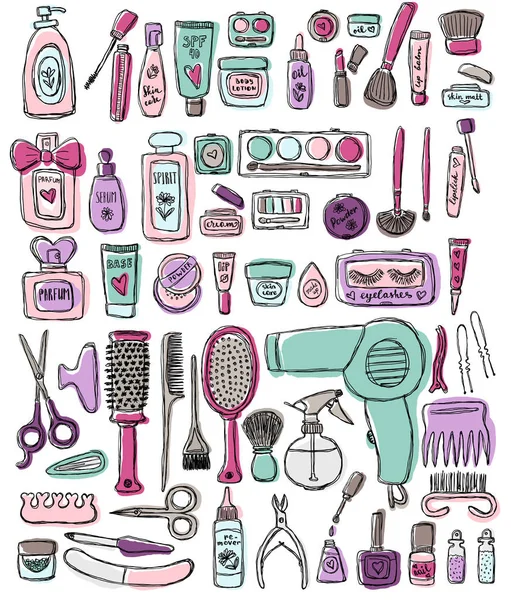 Ręki narysować elementy kosmetologii, Fryzjerstwo, makijaż i manicure. Kosmetycznych instrumentu na białym tle. — Wektor stockowy