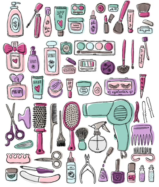 Hand draw elements of cosmetology, hairdressing, makeup and manicure. Cosmetic instrument isolated. — Stock Vector