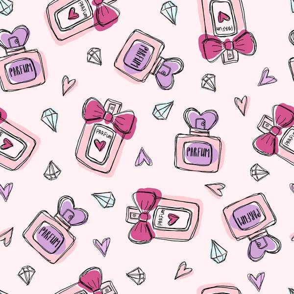 香水ボトルの結晶や心とシームレスなパターン。カラフルな手描きイラスト。ピンクの背景. — ストックベクタ