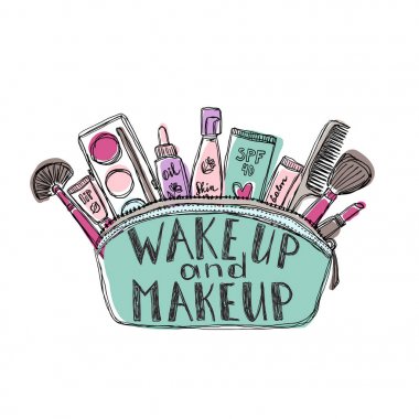 Kadın cilt bakımı kozmetik ürünler, kozmetik çantası. Vektör çizim.