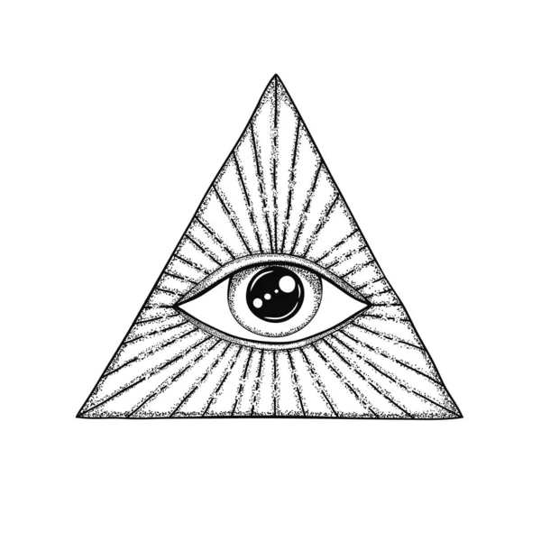 El Ojo de la Providencia. Símbolo masónico. Todos viendo el ojo en triángulo con rayos divergentes. Tatuaje negro . — Archivo Imágenes Vectoriales