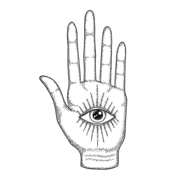 Palma con el Ojo de la Providencia. Símbolo masónico. Todo ojo que ve con rayos divergentes en la palma. Tatuaje negro. Un símbolo de lo oculto, la magia, la astrología, la religión, el espiritismo . — Archivo Imágenes Vectoriales