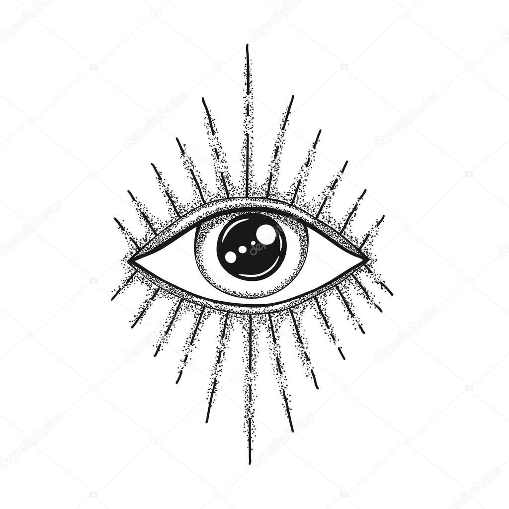 The Eye of Providence. Masonic symbol. All seeing eye in with divergent rays. Black tattoo.