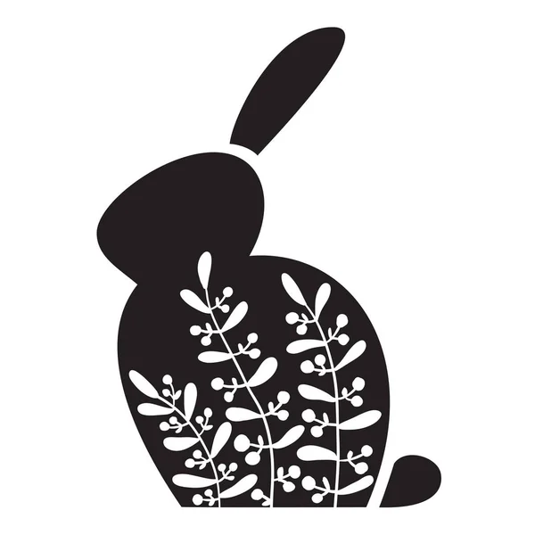 Silhouette of an Easter Bunny with white flowers on it. Black rabbit. — Stock Vector