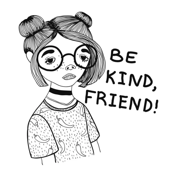 Diseño para camiseta con la imagen de una adolescente en gafas con la frase Sé amable, amigo . — Vector de stock