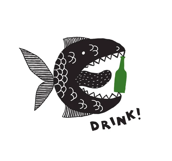 Un pez monstruo ficticio con la boca abierta y la lengua. Una botella de cerveza en la boca. Frase para beber. Diseño conceptual para camisetas y otros mercadillos. Ilustración en blanco y negro . — Vector de stock