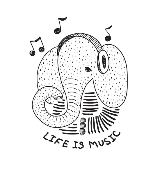 Персонаж стилизованный слон с наушниками и надписью Life is music. Черно-белая иллюстрация для футболок и других товаров . — стоковый вектор