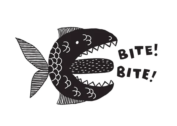 A fictional monster fish with an open mouth and tongue. Phrase Bite. Conceptual design for t-shirts and other merch. Black and white illustration. — ストックベクタ