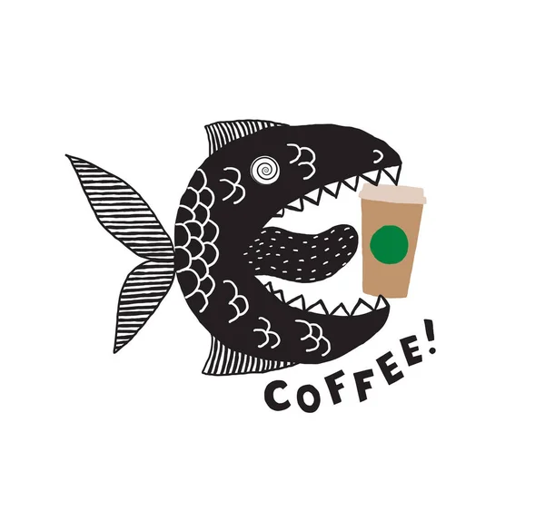 A fictional monster fish with an open mouth and tongue. A cup of coffee in his mouth. Phrase Coffee. Conceptual design for t-shirts and other merch. Black and white illustration. — Wektor stockowy