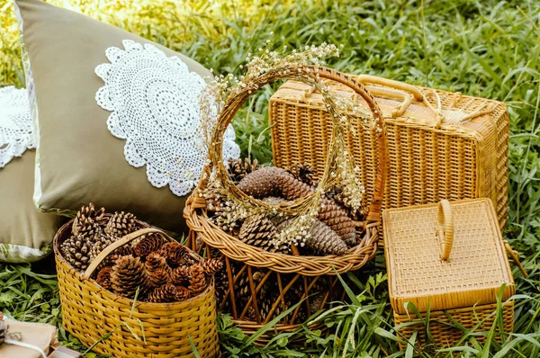 Sepetler, çam kozalakları ve yastıklar çimenlerin üzerinde