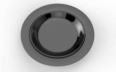 Beyaz arka planda, zemin gölgesi olan boş siyah seramik plaka. Kamera eğilimi 60 derece. İzole edilmiş. 3d hazırlayıcı