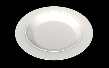 Siyah arka planda boş beyaz seramik plaka. Kamera 45 derece eğik. İzole edilmiş. 3d hazırlayıcı