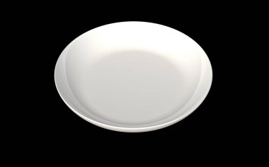 Siyah zemin üzerinde boş düz parlak beyaz seramik plaka. Kamera 45 derece eğik. İzole edilmiş. 3d hazırlayıcı