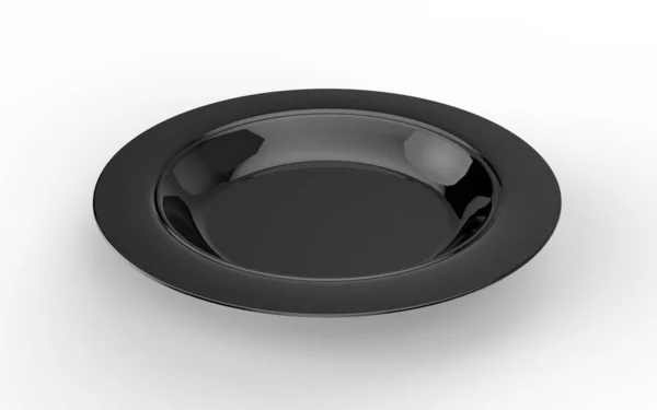 Leere Glänzende Schwarze Keramikplatte Auf Weißem Hintergrund Mit Bodenschatten Kameraneigung — Stockfoto