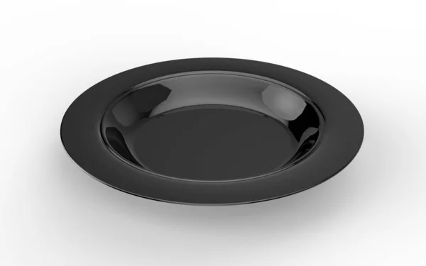 Beyaz arka planda, zemin gölgesi olan boş siyah seramik plaka. Kamera eğilimi 30 derece. İzole edilmiş. 3d hazırlayıcı