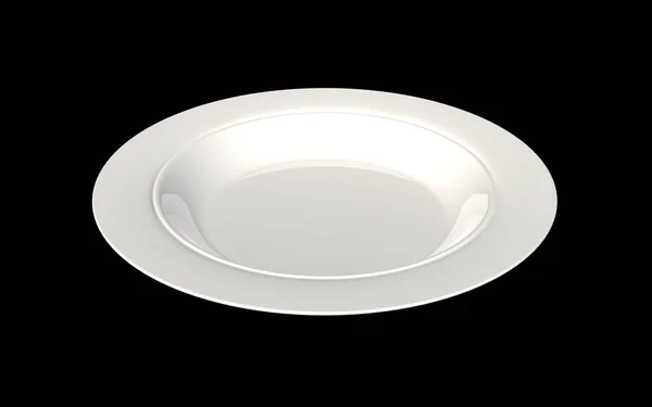 Empty Gloss White Ceramic Plate Black Background Camera Inclination Degrees — Stock Photo, Image