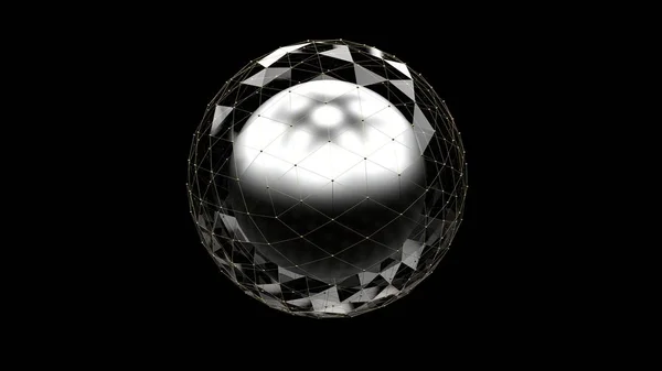 Abstraktní Kovová Koule Skleněném Polygonálním Objektu Černém Pozadí Vykreslení — Stock fotografie