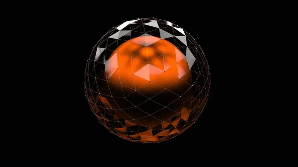 Abstraktní Oranžová Kovová Koule Skleněném Polygonálním Objektu Černém Pozadí Vykreslení — Stock fotografie