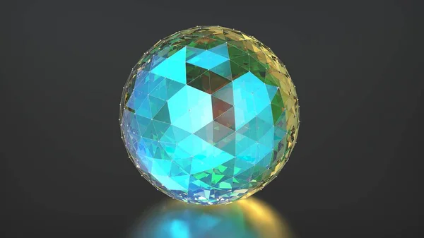 Sphère Polygonale Verre Coloré Avec Armature Métallique Sur Une Surface — Photo