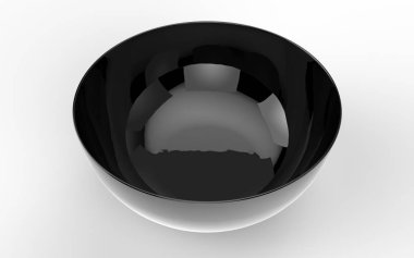 Beyaz arka planda boş siyah seramik kase. Kamera 45 derece eğik. İzole edilmiş. 3d hazırlayıcı