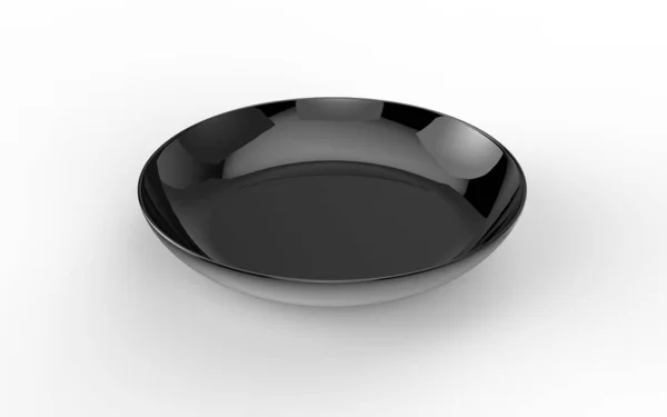 Empty gloss black ceramic small plate on white background with ground shadow. Camera inclination 30 degrees. Isolated. 3D render