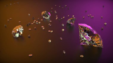 Mor koyu mat arkaplanlı bir grup Clear Diamonds. 3d oluşturma